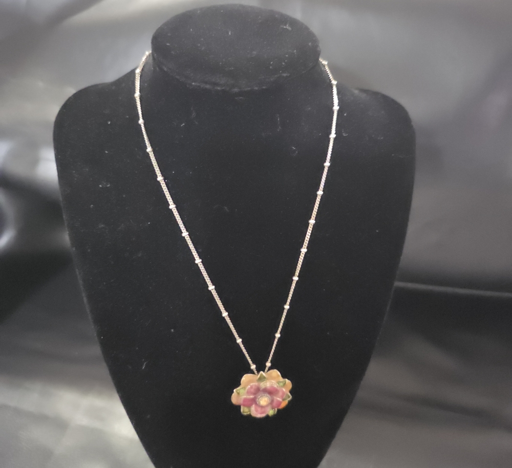 Monet Gold-Tone Chain Necklace with Pink and Green Flower Pendant